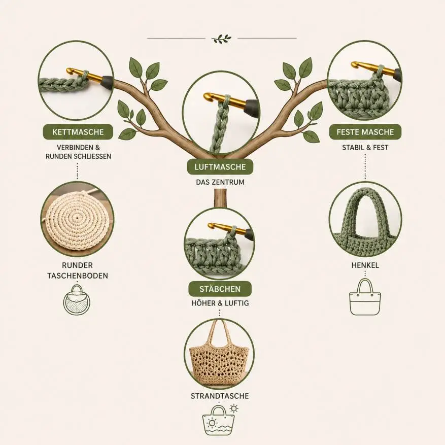 Häkeln lernen für Anfänger: Infografik Maschen-Baum mit Luftmasche als Basis und Einsatz bei Häkeltaschen