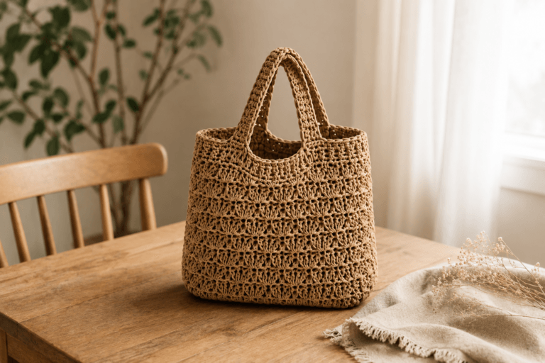 Shell Stitch Tote Bag häkeln - fertige Häkeltasche im Muschelmuster aus Baumwollgarn