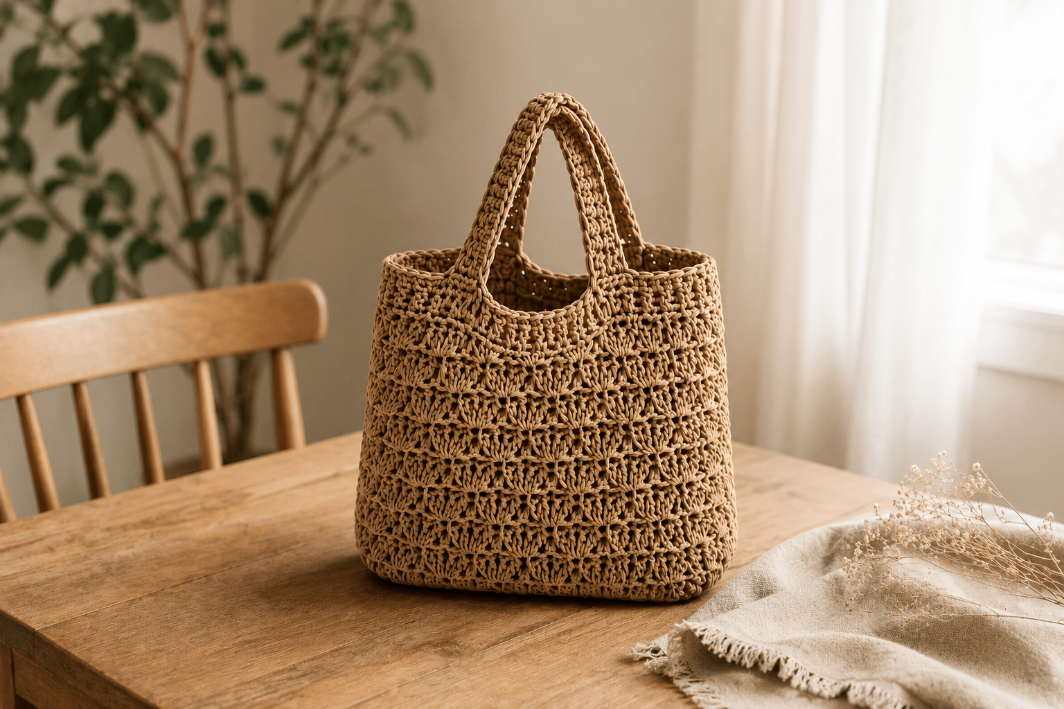 Shell Stitch Tote Bag häkeln - fertige Häkeltasche im Muschelmuster aus Baumwollgarn