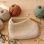 Garn für Tasche häkeln: halbfertige Häkeltasche aus Kordelgarn, umgeben von Baumwolle, Leinen, Textilgarn und Acrylgarn zum Vergleich für Anfänger