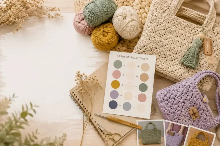Farbkombinationen Garn für Häkeltaschen: Grundfarbe, Nebenfarbe und Akzentfarbe an einer Häkeltasche