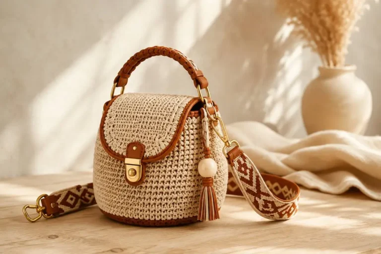 Häkeltasche mit Klappe: fertige Cordoba-Tasche im Fischgrätenmuster