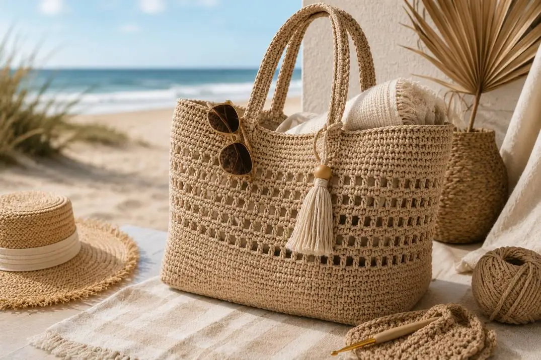 Vergleich zwischen gehäkelten Henkeln und Lederhenkeln an zwei handgefertigten Häkeltaschen auf hellem Hintergrund