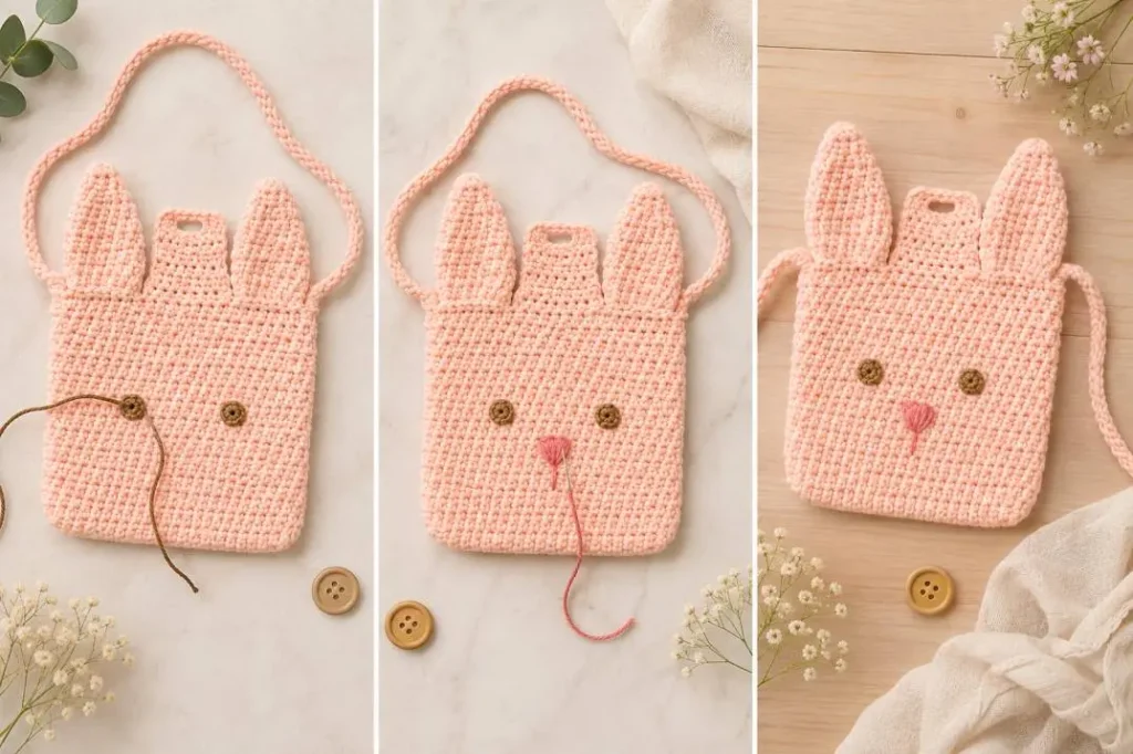 Bärentasche stricken für Kinder – gestrickte Nase und zwei Augen aus Garn B für das Bärengesicht