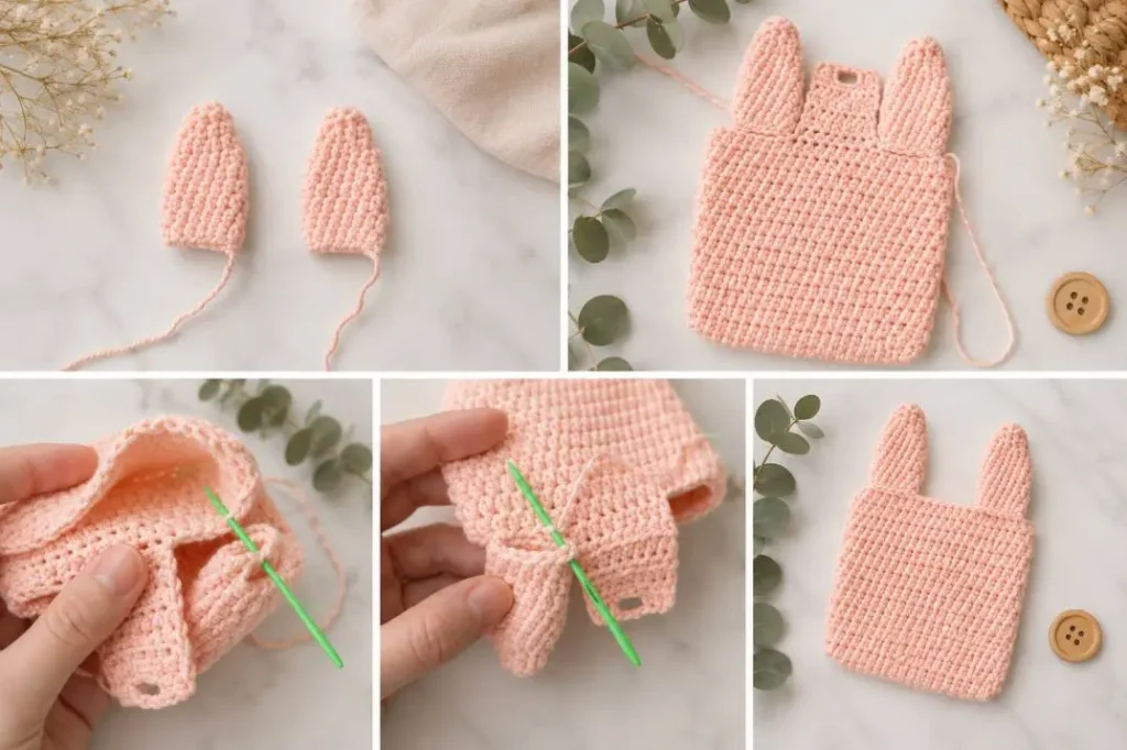 Bärentasche stricken für Kinder – vier gestrickte Ohrteile für zwei Bärenohren anfertigen