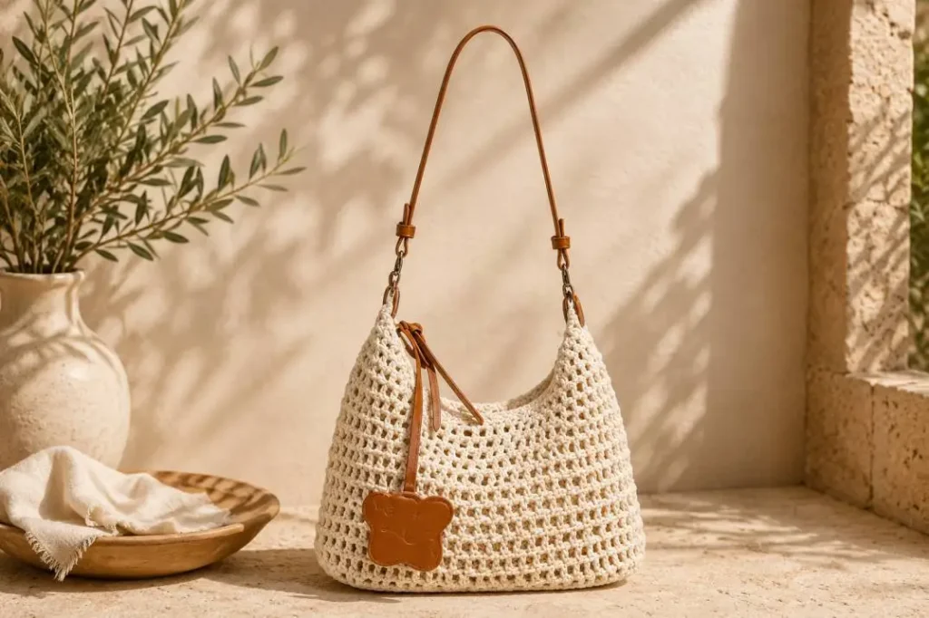 Beige Boho-Tasche mit Leder-Patchwork