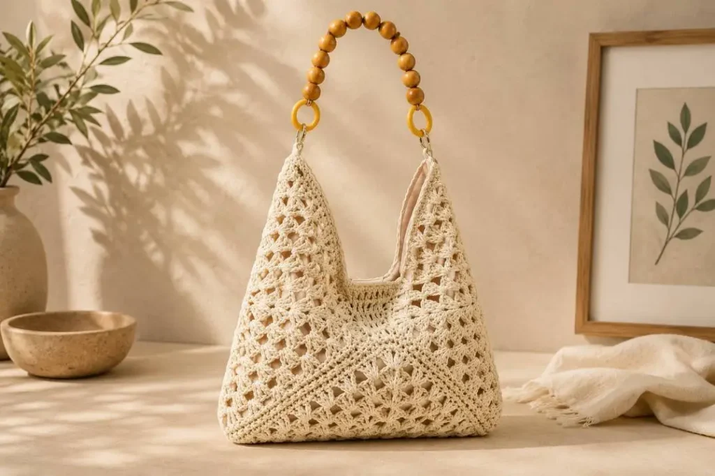 Dreieckige Tasche mit Holzperlen-Henkel