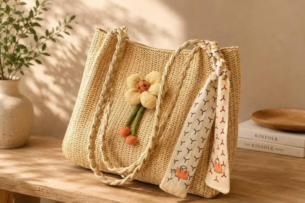 Geflochtene Henkeltasche mit Blumen-Anhänger