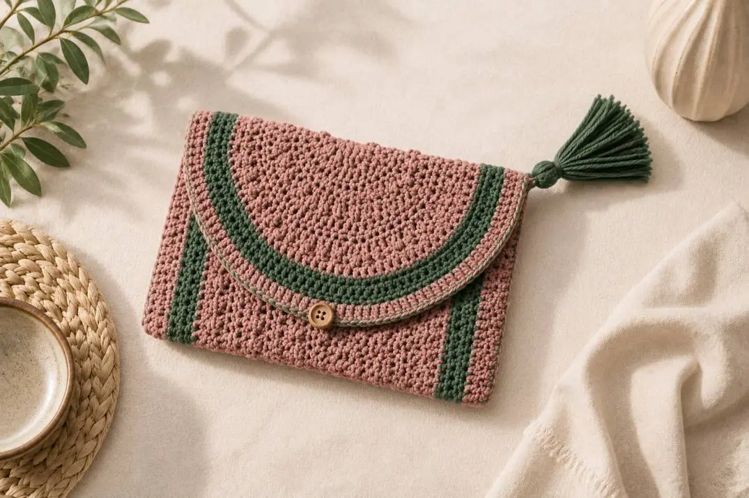 Gehäkelte Clutch mit dekorativem Bogenmuster und eleganter Quaste