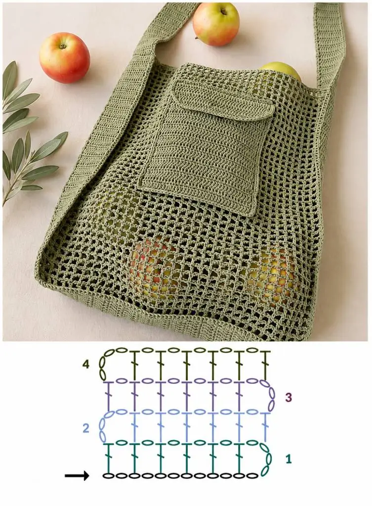 Gehäkelte Taschen – Detailaufnahme eines luftigen Häkelmusters