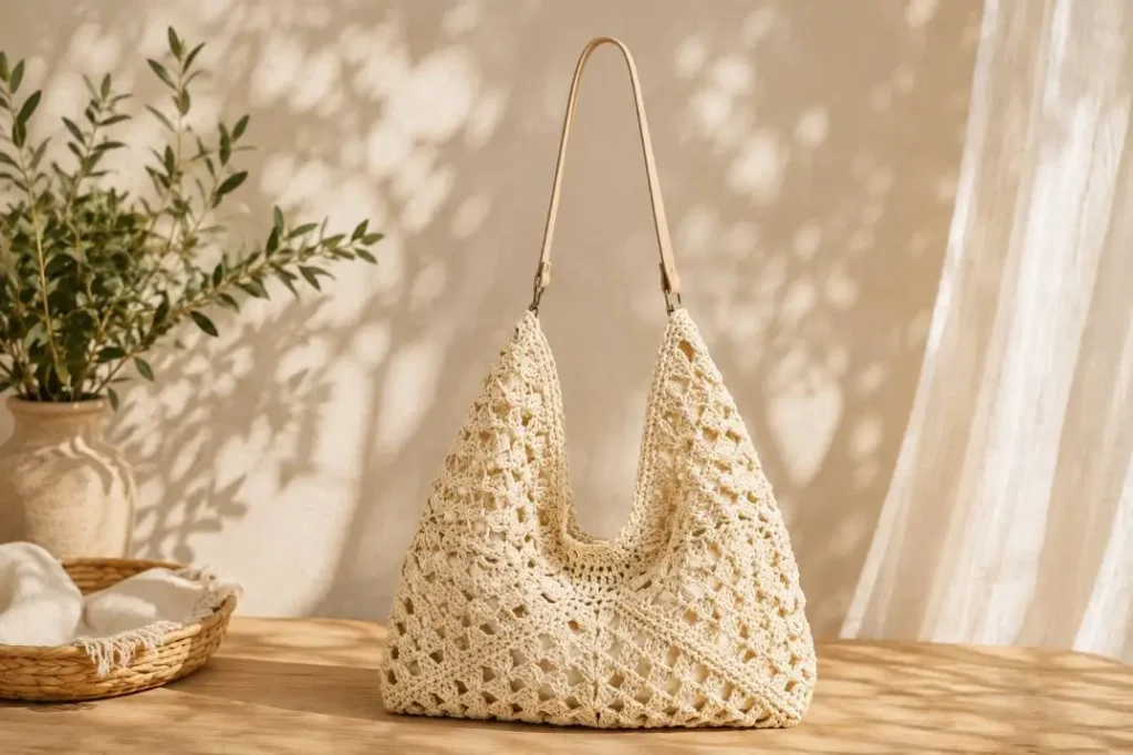 Große Strohtasche im floralen Ajourmuster