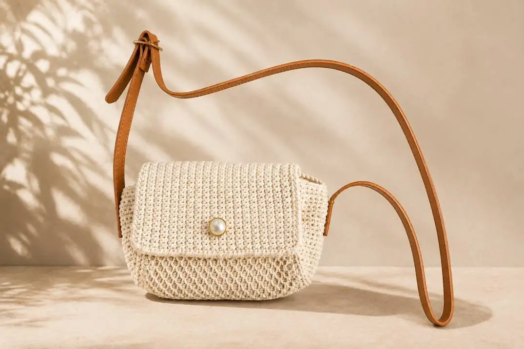 Häkelanleitung Crossbody Tasche – Titelbild mit fertiger grauer Tasche