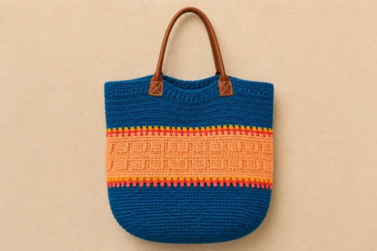Häkelanleitung Einkaufstasche – fertige bunte Shopping Bag mit Lederhenkeln