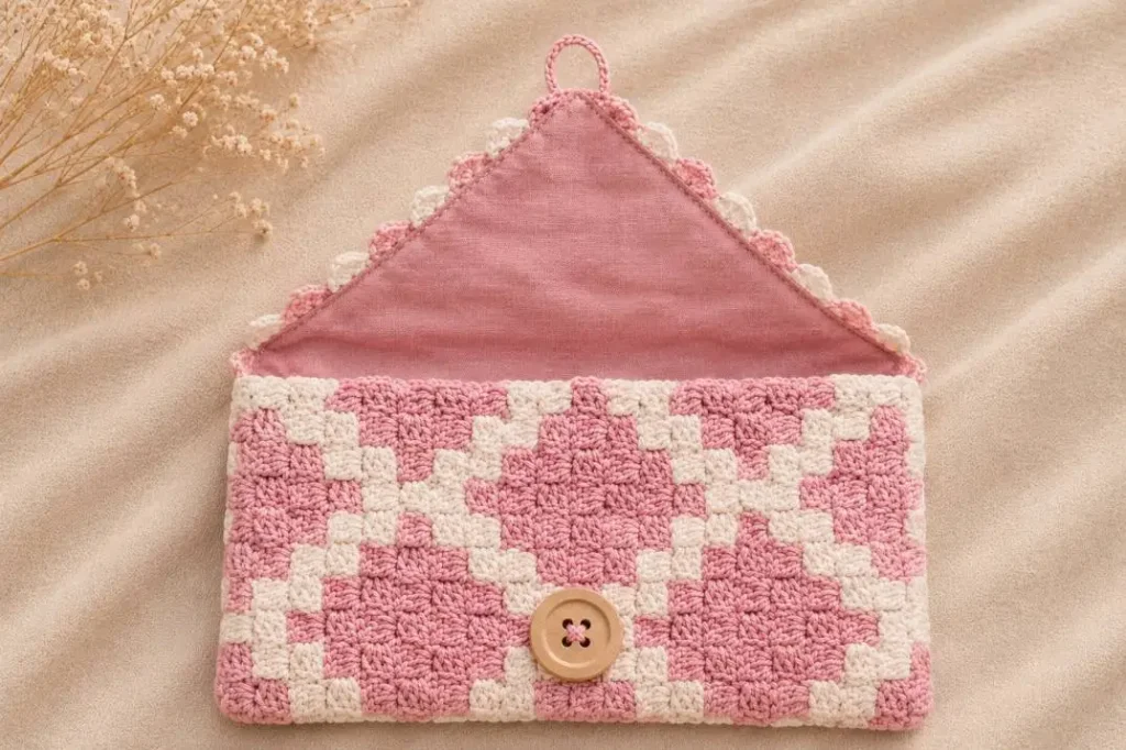Häkelanleitung Kosmetiktasche – fertige pastellfarbene Clutch mit Knopf