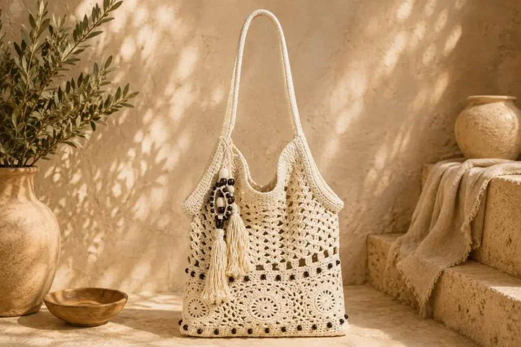 Häkeltasche mit Fransen, Perlen und Rundmotiven