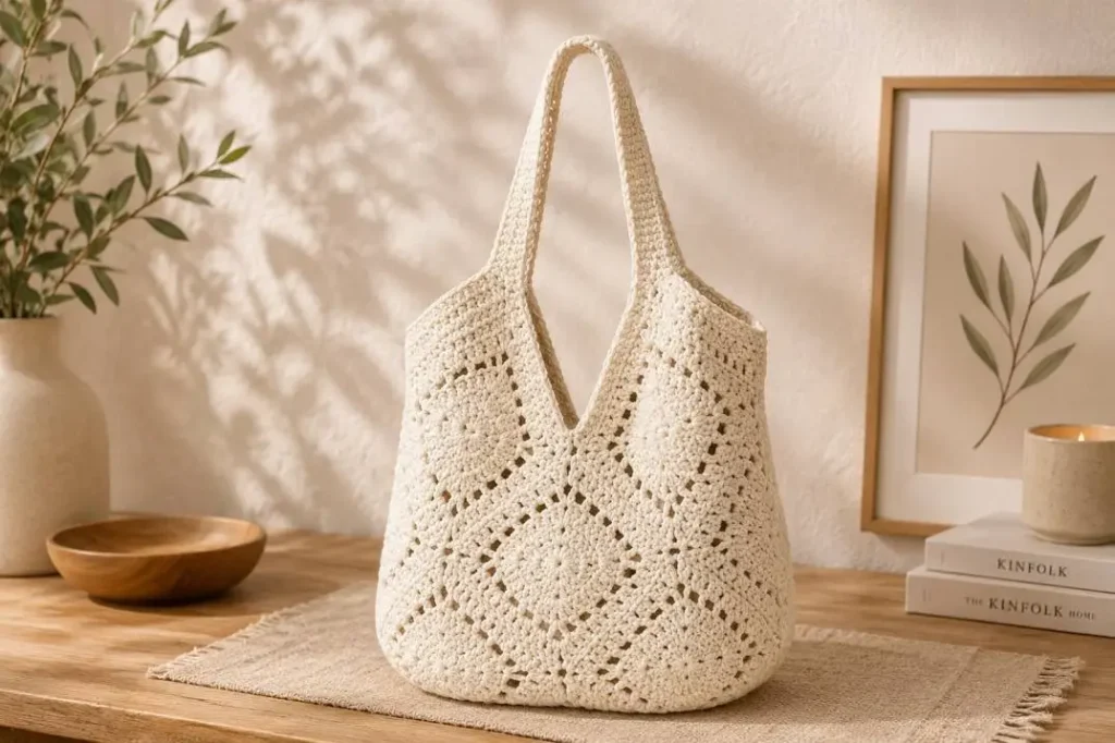 Handgemachte Tasche im Granny-Square-Rautenmuster