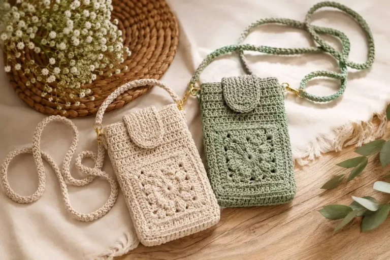 Handytasche häkeln – fertige braune Umhängetasche mit Zopfmuster-Tasche und Karabinerriemen
