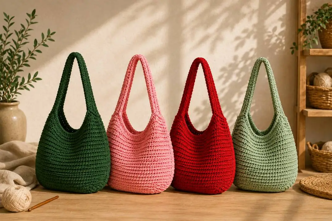 Hobo Bag häkeln in vier Farben – Grün, Rosa, Rot und Salbeigrün
