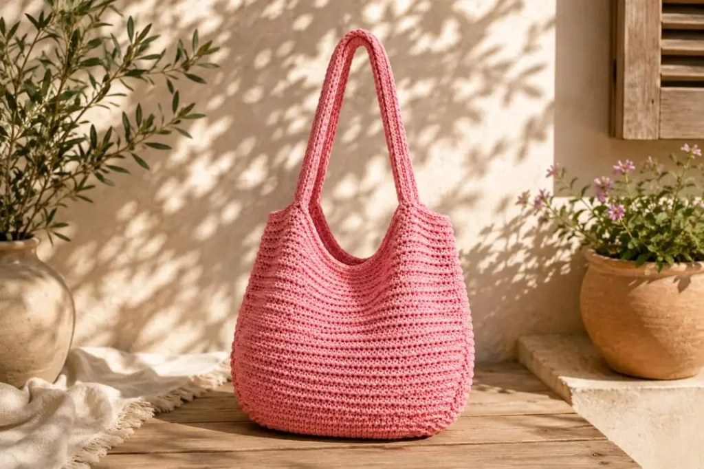 Häkeltasche mit fester Maschenstruktur in Rosa