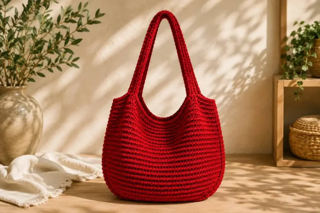 Halbrunde Form der gehäkelten Hobo Bag in Rot