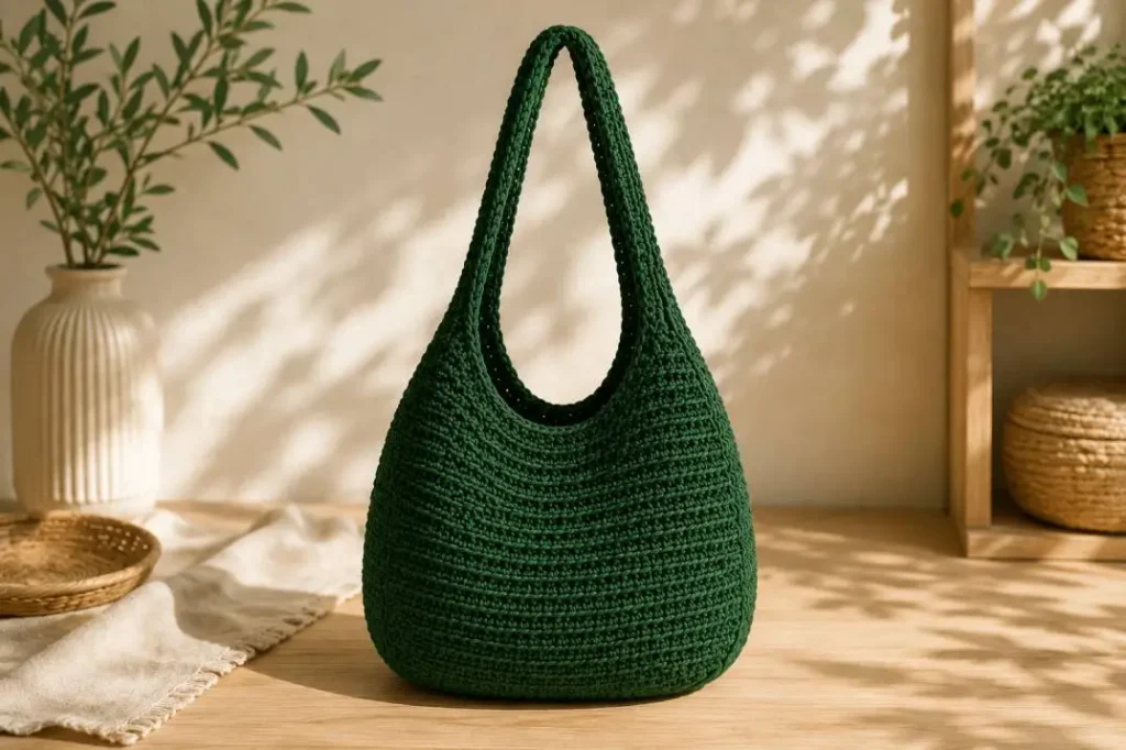 Hobo Bag häkeln – tannengrüne Schultertasche mit langem Henkel