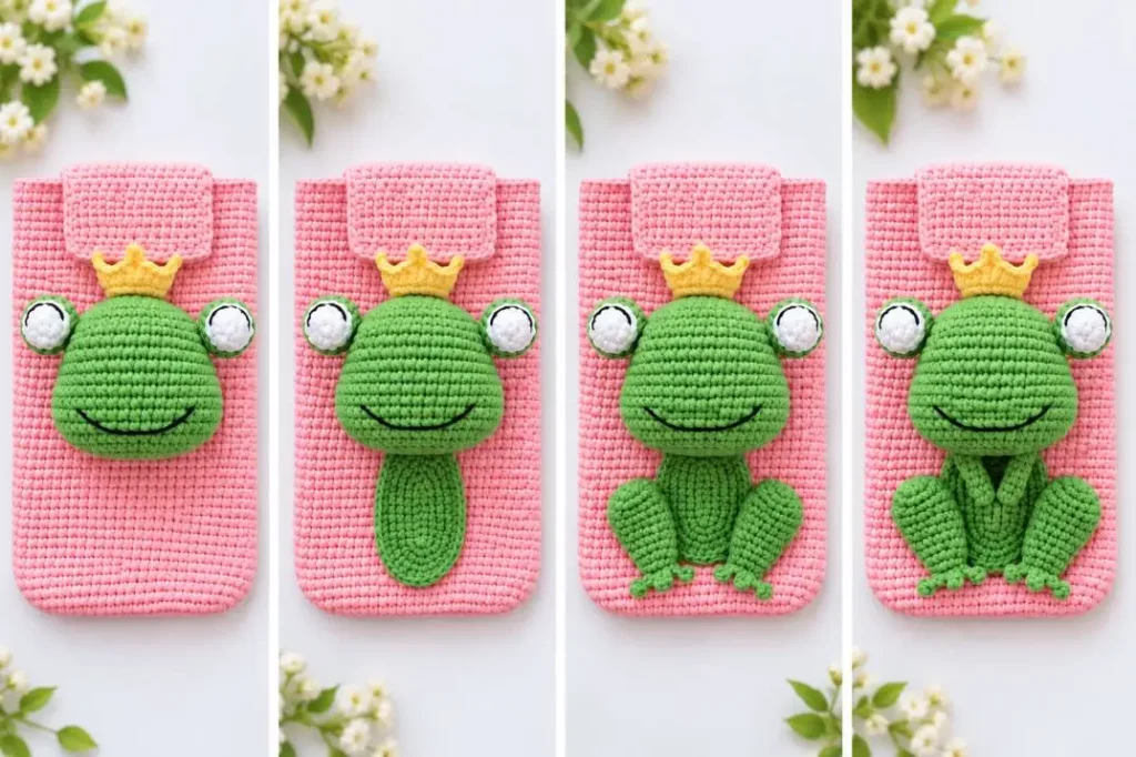 Fertige Frosch-Handytasche mit Kopf, Körper, Beinen und Armen aus vier Ansichten