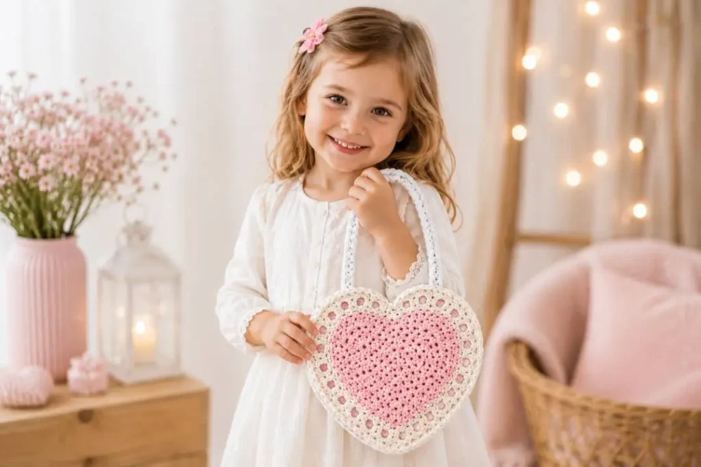 Herz Geschenktasche häkeln – fertige Tasche mit Spitzenrand
