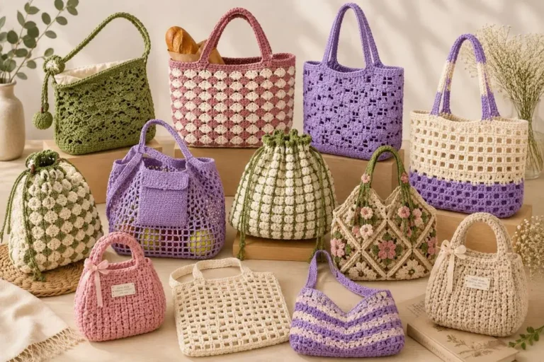 Häkelmuster für Taschen mit modernen Designs, kreativen Strukturen und verschiedenen Mustervariationen