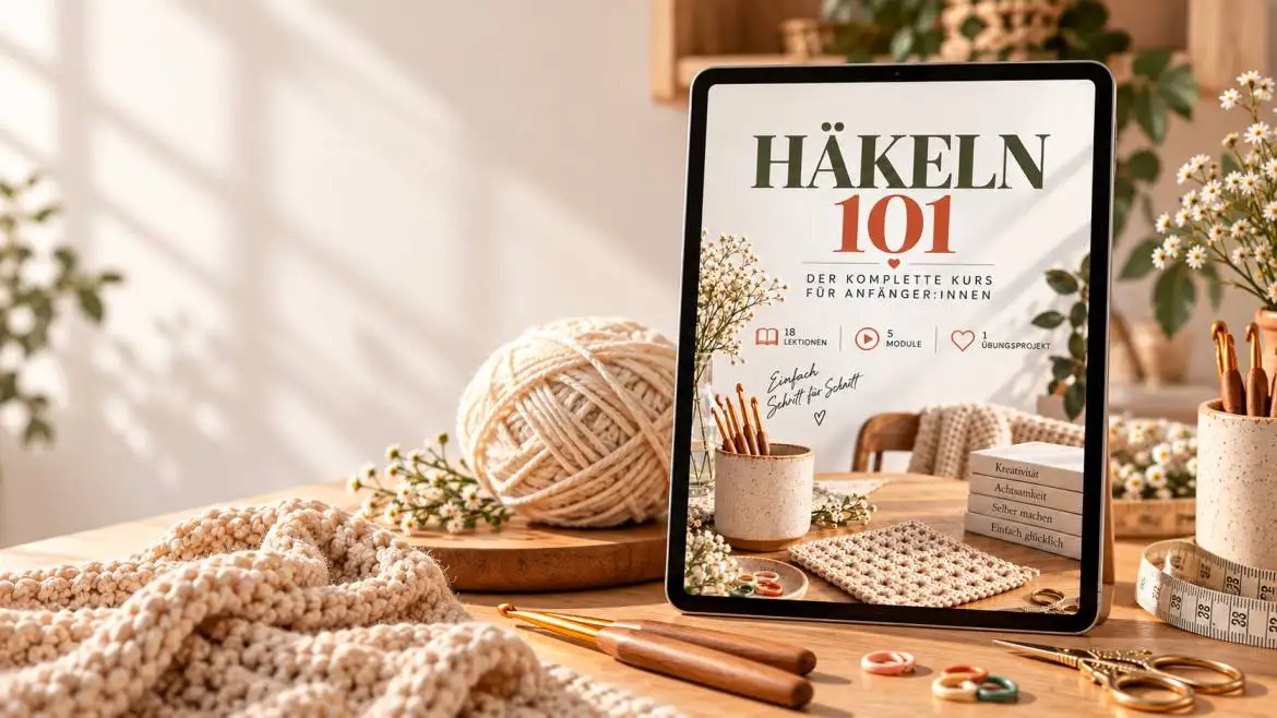 Hände halten Holz-Häkelnadel und cremefarbenes Garn, Häkeln für Anfänger