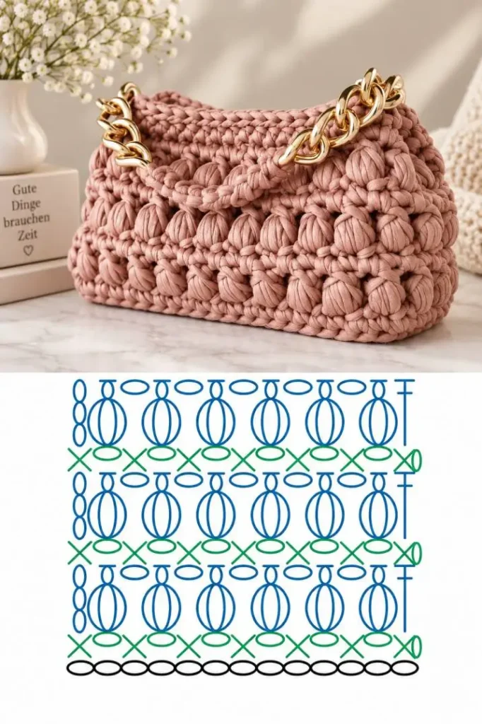 Häkeltaschen DIY mit kombinierten Puffmaschen und Noppenmaschen