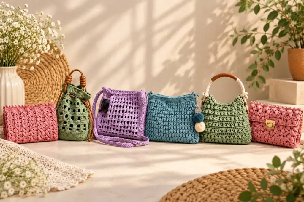 Kleine Häkeltaschen in verschiedenen modernen Designs für jeden Stil