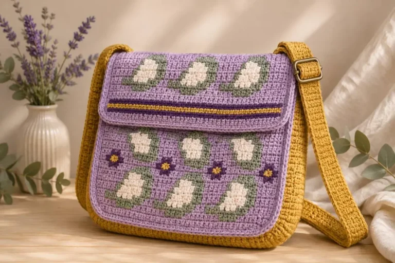 Paisley Häkeltasche mit dekorativem Kreuzstich-Muster und stilvollem Design