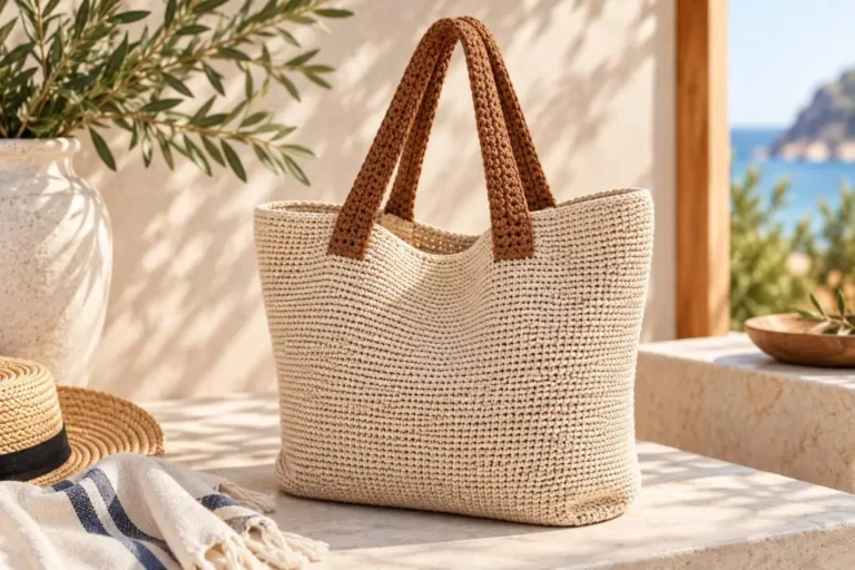 Große Häkeltasche in Hellblau mit kontrastfarbenen Henkeln