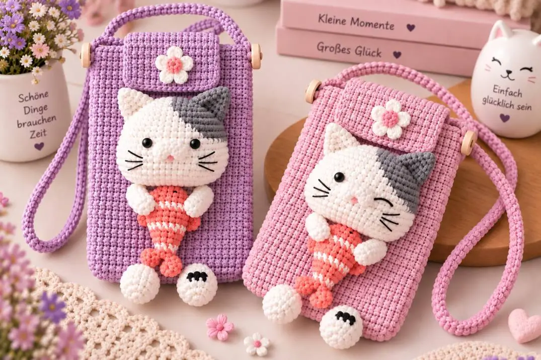 Handytasche mit Katzenmotiv häkeln