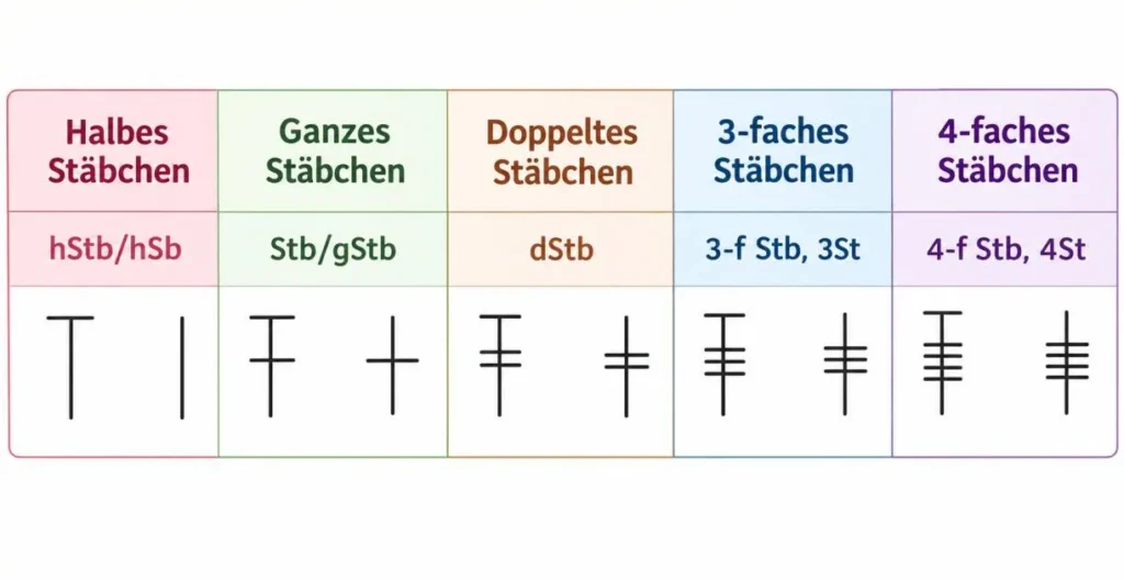 Häkelsymbole für Stäbchen: halbes, ganzes, Doppel-, 3-faches und 4-faches Stäbchen