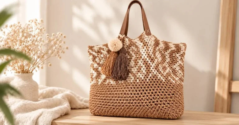 Gehäkelte Strandtasche mit Quasten in Hellbraun und Creme mit Lederhenkeln und Bommel, hängend an einem Haken